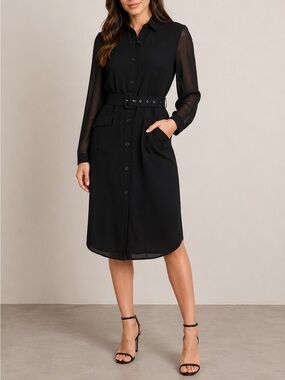 Calypso Basic Black Shirt Dress Size 8 Belted Button Front Sheer Sleeve Midi